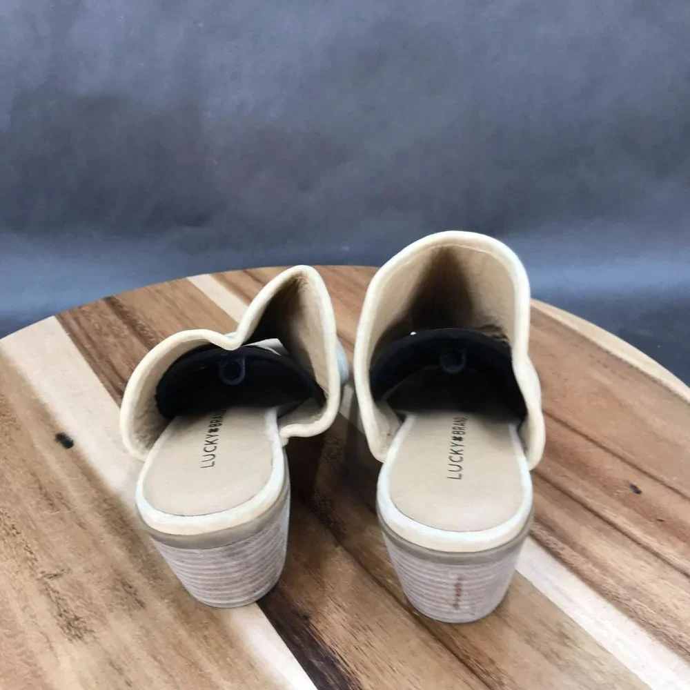 Lucky Brand Beige Leather Peep Toe Mules Slip On Womens Size 6 B